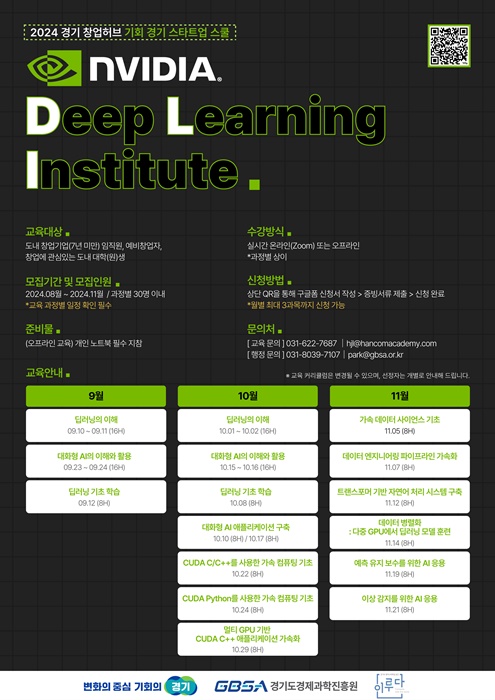 2024 경기 창업허브 기회 경기 스타트업 스쿨 ‘NVIDIA Deep Learning Institute’ 모집 포스터.