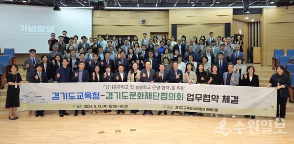 경기도문화재단협의회와 경기도교육청의 경기공유학교 및 늘봄학교 발전을 위한 업무협약식에서 참석자들이 기념촬영을 하고 있다. (사진=경기문화재단)