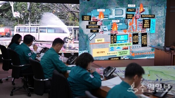 현장훈련과 토론기반훈련을 실시간으로 연계해 ‘2024년 수원시 재난대응 안전한국훈련’이 실시되고 있다. (사진=수원시)