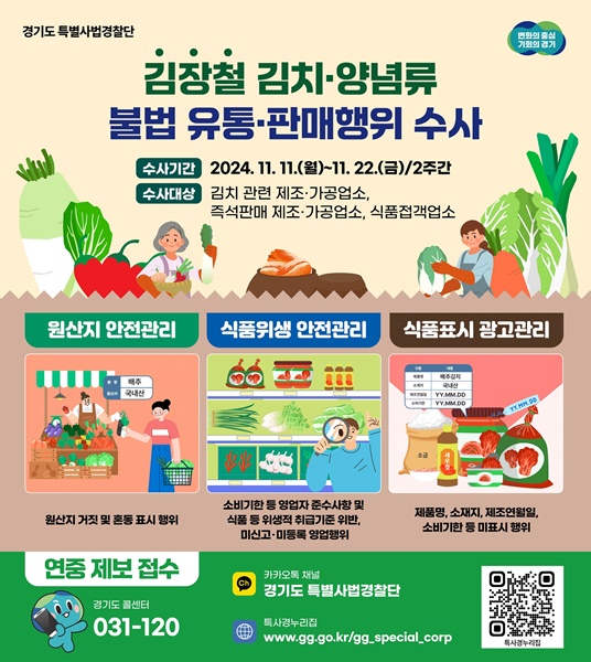 경기도 특사경의 김장철 김치·양념류 불법 유통 집중수사 그래픽 자료.