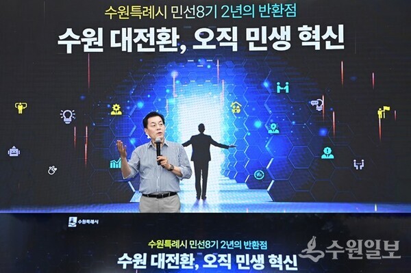 이재준 시장이 지난 7월 열린 ‘8월 중 확대간부회의’에서 민생혁신을 강조하고 있다. (사진=수원시)