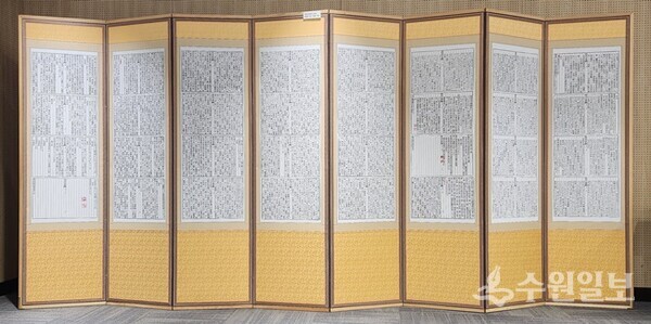 화성성역의궤에 기록된 화성을 만든 사람들 이름 병풍. 화성성역의궤에 수록된 화성성역소의 376명의 관리직과 1821명 장인들의 이름과 출신지, 직책, 성역에 참여한 일수 등이 기록됐다. (사진=수원일보)