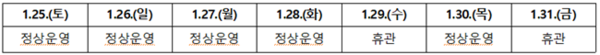 설 연휴기간중 운영일 안내.