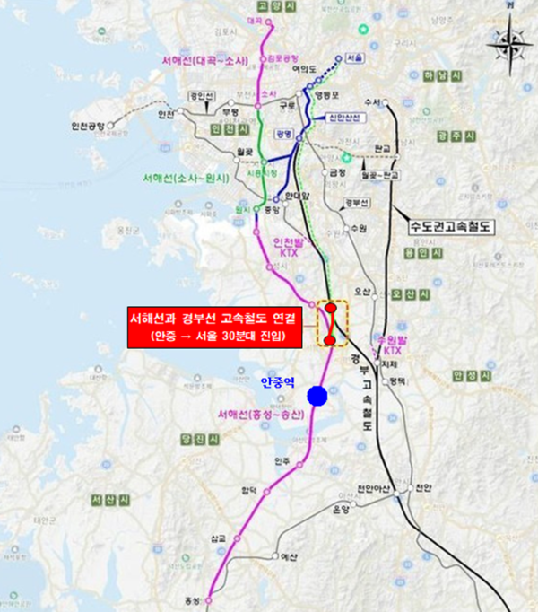 서해선과 경부선 고속철도 연결 지도.