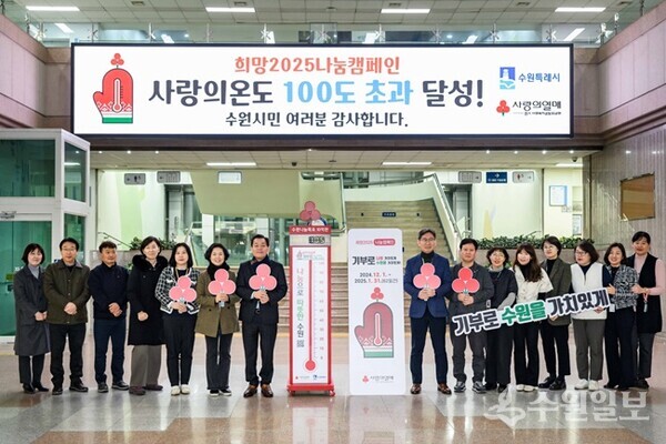 사랑의 온도탑 폐막식에서 이재준 시장(왼쪽 7번째)과 수원시 관계자들이 함께하고 있다. (사진=수원시)