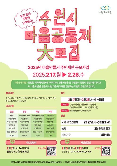 수원도시재단, '2025년 마을만들기 주민제안 공모사업' 홍보물.