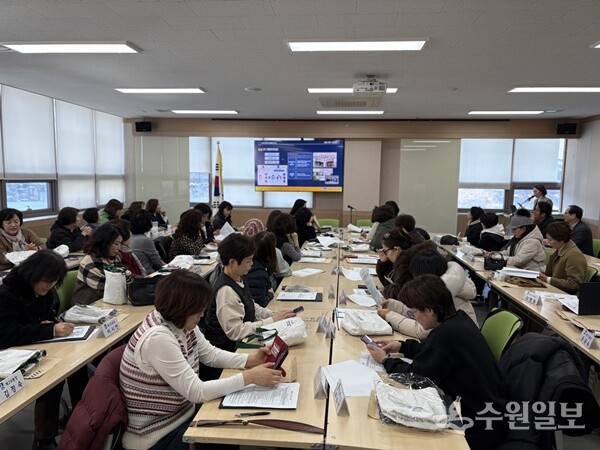 13일 금곡동행정복지센터에서 베테랑 팀장이 금곡동 통장들을 대상으로 ‘새빛민원실’ 운영성과를 발표하고 있다. (사진=수원시)