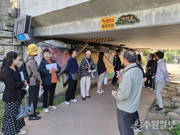 새빛 시설물 자율점검단이 교량 하부 점검을 실시하고 있다.(사진=수원시)