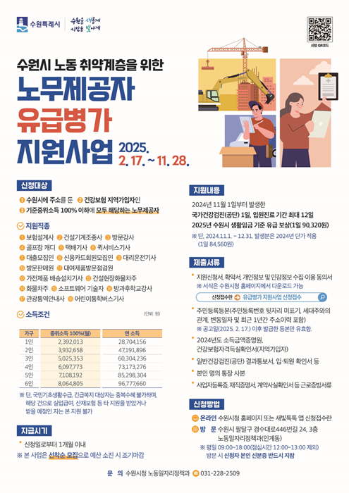 수원시 '노동 취약계층 위한 노무제공자 유급병가 지원사업' 홍보물.