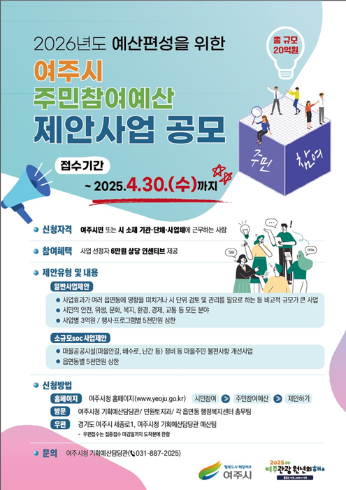 2026년도 예산편성을 위한 '여주시 주민참여예산 제안사업공모' 홍보 포스터.