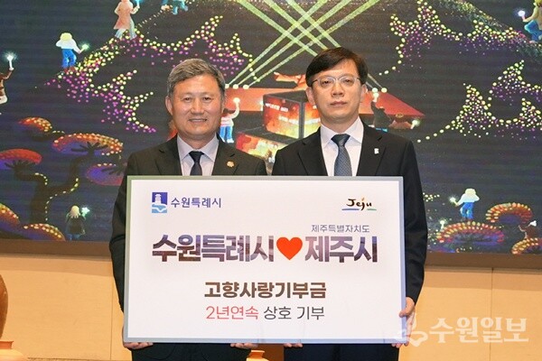 현근택 수원시 제2부시장(오른쪽)과 김완근 제주시장이 고향사랑 상호기부식 후 함께하고 있다. (사진=수원시)