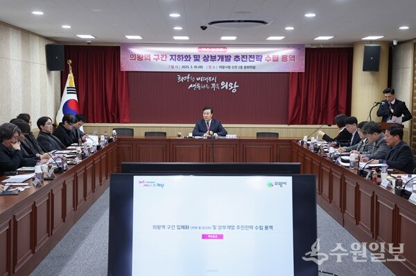 18일 의왕시청 중회의실에서 열린 '의왕역 구간 지하화 및 상부 개발 추진 전략 수립' 용역 착수 보고회'에서 김성제 의왕시장이 인사말을 하고 있다. (사진=의왕시)