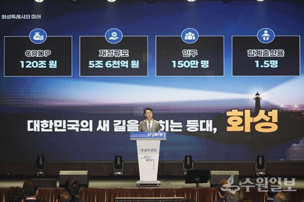 정명근 화성특례시장이 제25회 화성특례시민의 날 기념식에서 화성특례시 미래 비전을 발표하고 있다. (사진=화성시)