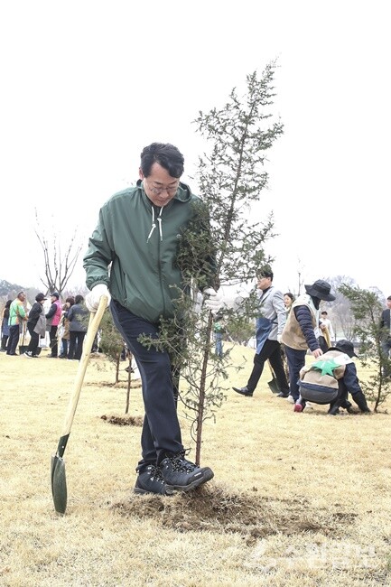 정명근 화성특례시장이 27일 정조효공원에서 열린 화성특례시 2025 식목행사에서 묘목을 심고 있다.