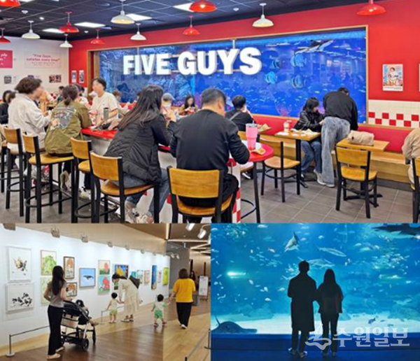 최근 고객들의 발길이 이어지고 있는 파이브가이즈 광교(위), 갤러리아 광교(아래 왼쪽), 아쿠아플라넷 광교(아래 오른쪽) 모습. (사진=갤러리아백화점)