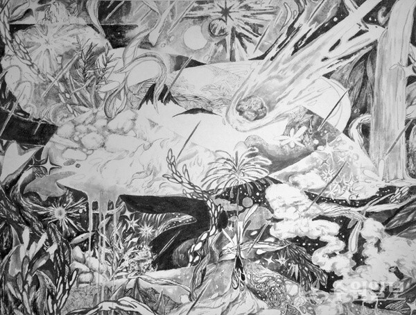 전효경 '재난이라는 호재', 2024, 장지에 수묵, 72.7×90.9cm, 경기문화재단 경기미술창고 소장