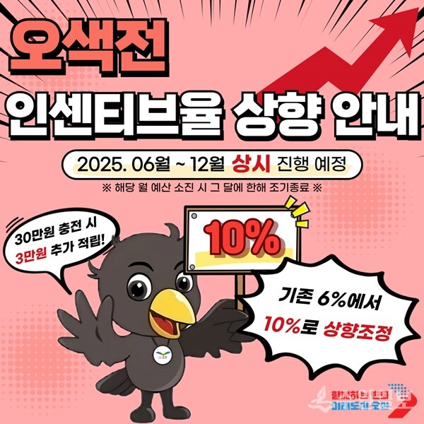 오산시 지역화폐 오색전 인센티브 대폭 확대 안내 홍보물.