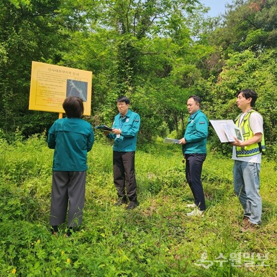 조정아 여주시 부시장(왼쪽)이 풍수해에 대비, 산사태 취약지역에서 현장점검을 하고 있다. (사진=여주시)