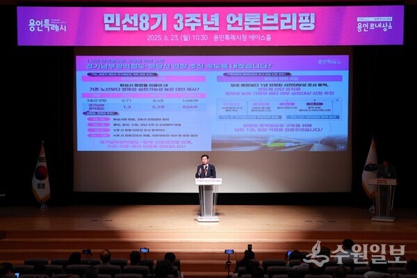 이상일 용인특례시장이 23일 민선8기 취임3주년 언론브리핑에서 지역의 철도노선 구축계획에 대해 설명하고 있다. (사진=용인시)