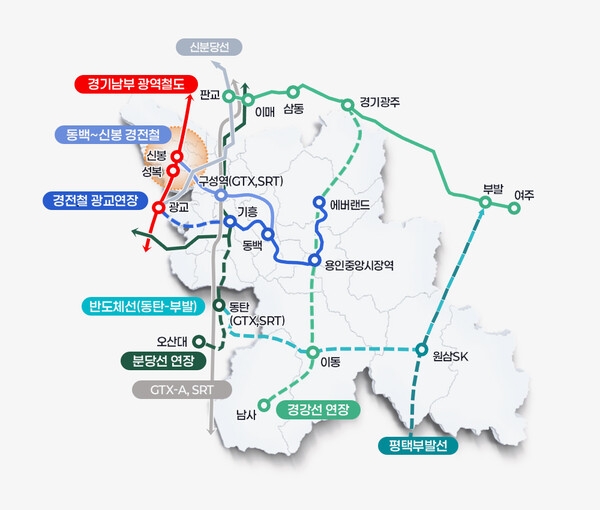 용인시가 진행 중인 철도노선 계획.