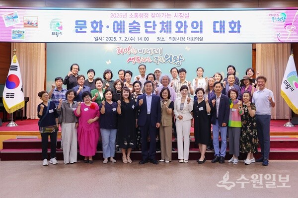 김성제 의왕시장이 '찾아가는 시장실'을 가진 뒤 지역 문화·예술단체 관계자들과 기념촬영을 하고 있다. (사진=의왕시)