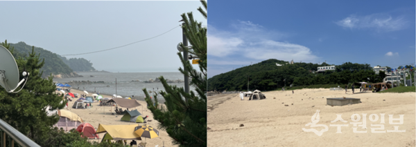 강화 석모도 민머루해변 '방사능 괴담' 전후 모습. 왼쪽은 지난해 7월, 오른쪽은 올해 7월 모습이다. (사진=강화군)  