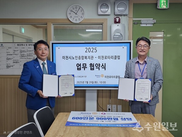 이석영 이천시노인종합복지관장(오른쪽)과 이왕우 이천로타리클럽회장이 노인복지 협력을 위한 업무협약을 체결한 뒤 기념촬영을 하고 있다. (사진=이천시)