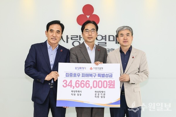 정구원 화성시 제1부시장(오른쪽 첫번째)과 한병홍 화성도시공사 사장(왼쪽 첫번째)이 31일 김효진 사회복지공동모금회 경기지회 사무처장에게 집중호우 피해복구 특별성금 3466만원을 전달한 뒤 기념촬영을 하고 있다. (사진=화성시)