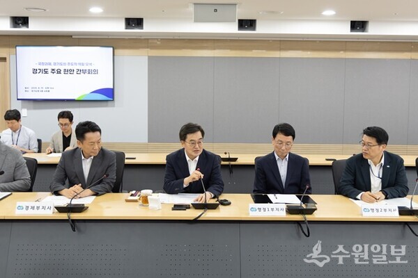 19일 오후 서희홀에서 김동연 경기도지사, 김성중 행정1부지사, 김대순 행정2부지사, 고영인 경제부지사, 실,국장 등이 참석한 가운데 국정과제 관련 주요현안 간부회의가 열리고 있다. (사진=경기도)