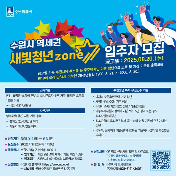 수원시, 역세권 새빛 청년존(Zone) 3호 입주자 모집 홍보물.