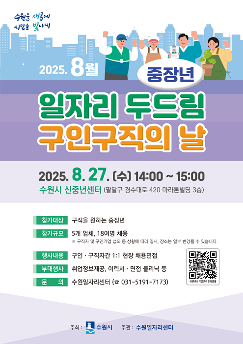 수원시, 8월 ‘일자리 두드림 구인·구직의 날’ 개최 홍보포스터.