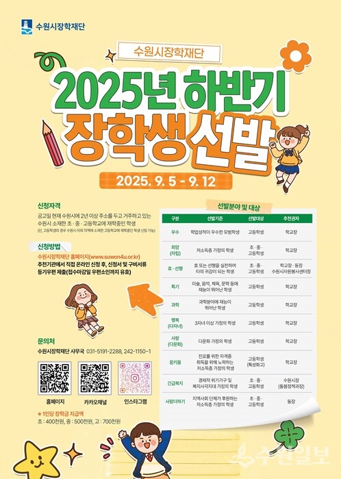 수원시장학재단 '2025년 하반기 장학생 선발' 안내 홍보물.