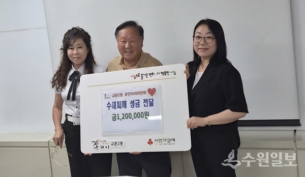 서향랑 교문2동장(오른쪽)이 이상배 주민자치위원회 고문(가운데)에게 성금을 전달한 뒤 기념촬영을 하고 있다. (사진=교문2동)