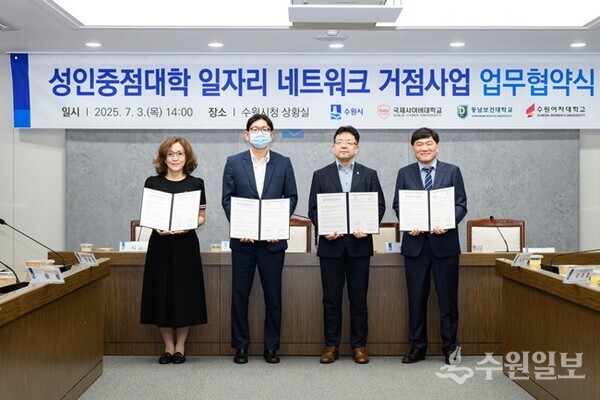 지난 7월 수원시와 성인중점대학의 일자리 네트워크 거점사업 업무협약식 후 참석자들이 기념촬영을 하고 있다.(사진=수원시)