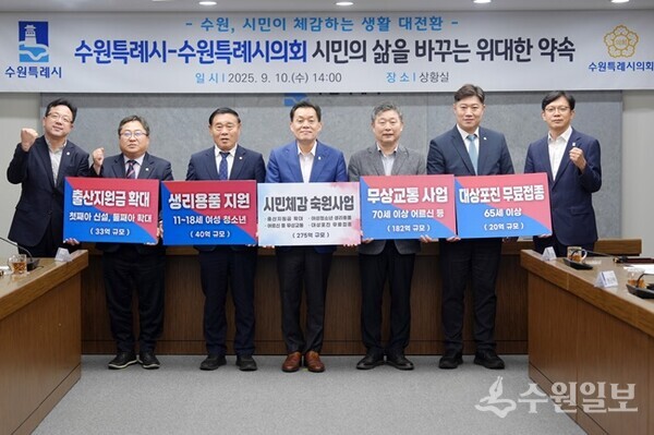 현근택 수원시 제2부시장(오른쪽부터), 김동은 더불어민주당 교섭단체 대표, 김정렬 부의장, 이재준 수원시장, 수원시의회 이재식 의장, 박현수 국민의힘 교섭단체  대표, 김현수 제1부시장이 기념촬영을 하고 있다. (사진=수원시)