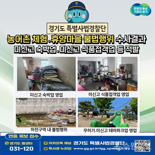 경기도특별사법경찰단 농어촌 체험·휴양마을 불법행위 수사결과 인포그래픽.