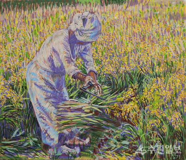 민정기, 서후리에서 벼베기, 2025, 캔버스에 유채, 45.5×53cm