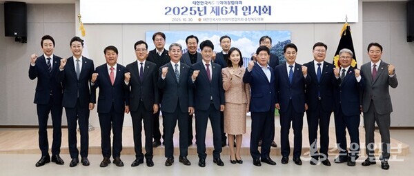 ‘대한민국시도의회의장협의회 2025년 제6차 임시회’에 참석한 김진경 경기도의회 의장(앞줄 왼쪽 두번째)을 비롯한 시도의회 의장들이 기념촬영을 하고 있다. (사진=경기도의회)