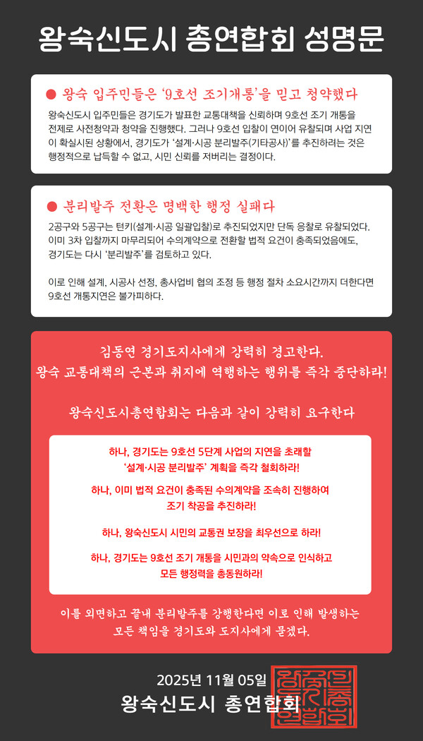 왕숙신도시총연합회 성명문.