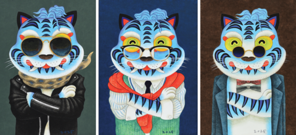 이경미 호랑씨의 초상화 3,2,1 이합지에 채색 각 42×29.7cm 2025