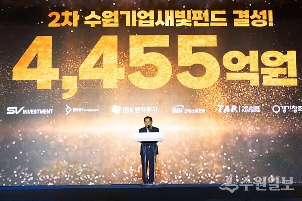 지난 10월 수원시 기업인의 날 행사에서 이재준 수원특례시장이 4455억원의 2차 새빛펀드 결성을 추진한다고 발표하고 있다.(사진=수원시)