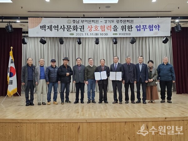 광주문화원이 충청남도 부여무화원과 업무협약을 체결한 뒤 기념촬영을 하고 있다. (사진=광주문화원)