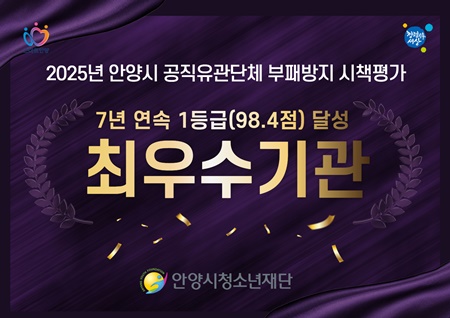 안양시청소년재단이 2025년 안양시 공지유관단체 부패방지 시책평가에서 7년 연속 최우수기관으로  선정됐다.