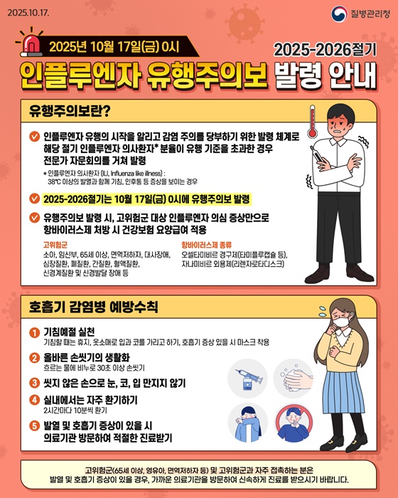 2025-2026절기 인플루엔자 유행주의보 발령 안내문.