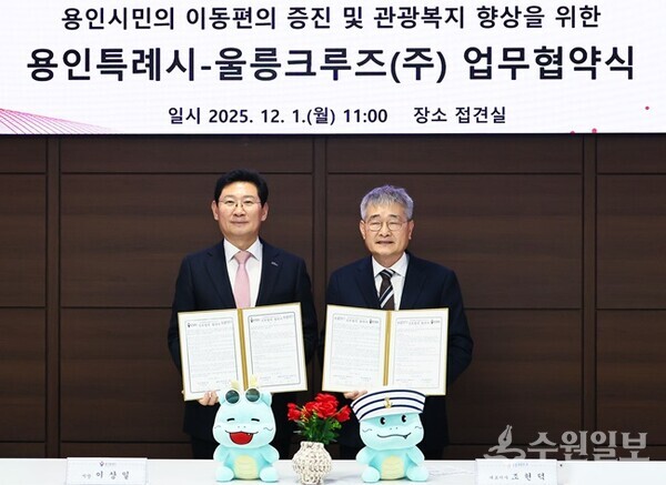 이상일 용인시장(왼쪽)과 조현덕 울릉크루즈(주) 대표이사가 업무협약을 체결한 뒤 기념촬영을 하고 있다. (사진=용인시)