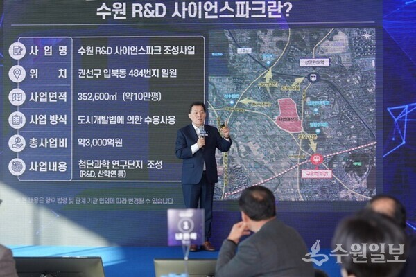 이재준 수원시장이 수원 R&D사이언스 파크 조성사업 추진 상황을 설명하고 있다. (사진=수원시)