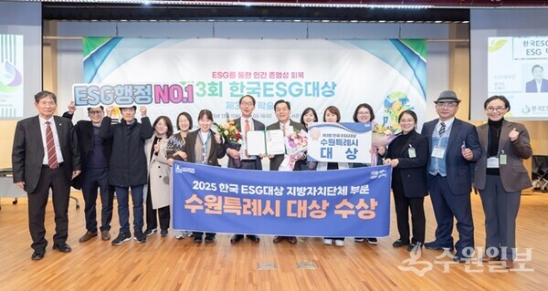 이재준 시장(오른쪽 7번째)이 시상식 후 관계자들과 함께하고 있다. (사진=수원시)