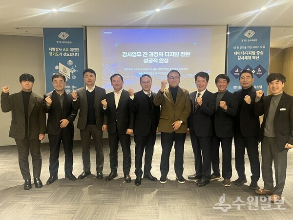 19일 수원컨벤션센터에서 개최된  ‘경기도 스마트 감사 플랫폼 스타트데이’ 행사에 참석한 경기도의회, 행정안전부 감사관, 7개 시도 감사기관장 등이 기념촬영을 하고 있다. (사진=경기도)