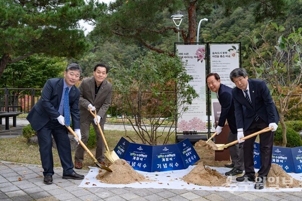수원시와 봉화군의 상생협력으로 리모델링한 ‘청량산 수원캠핑장’ 개장식에서 양 도시 시장과 부의장이 기념식수를 하고 있다.(사진=수원시)