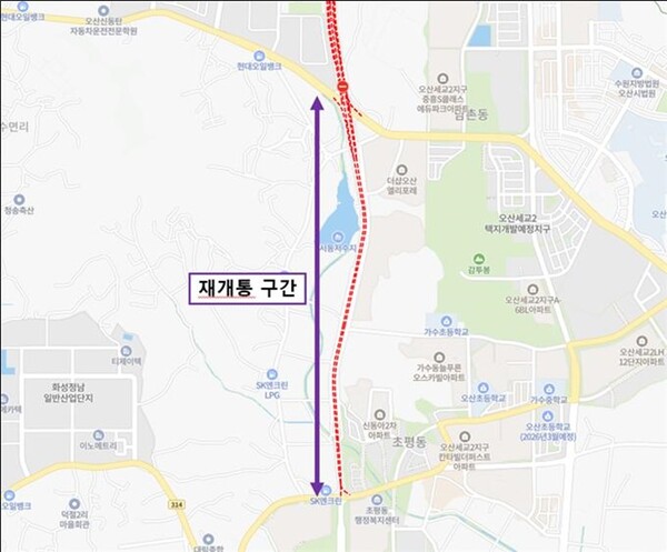개통 구간 위치도(가장교차로~초평사거리 구간).